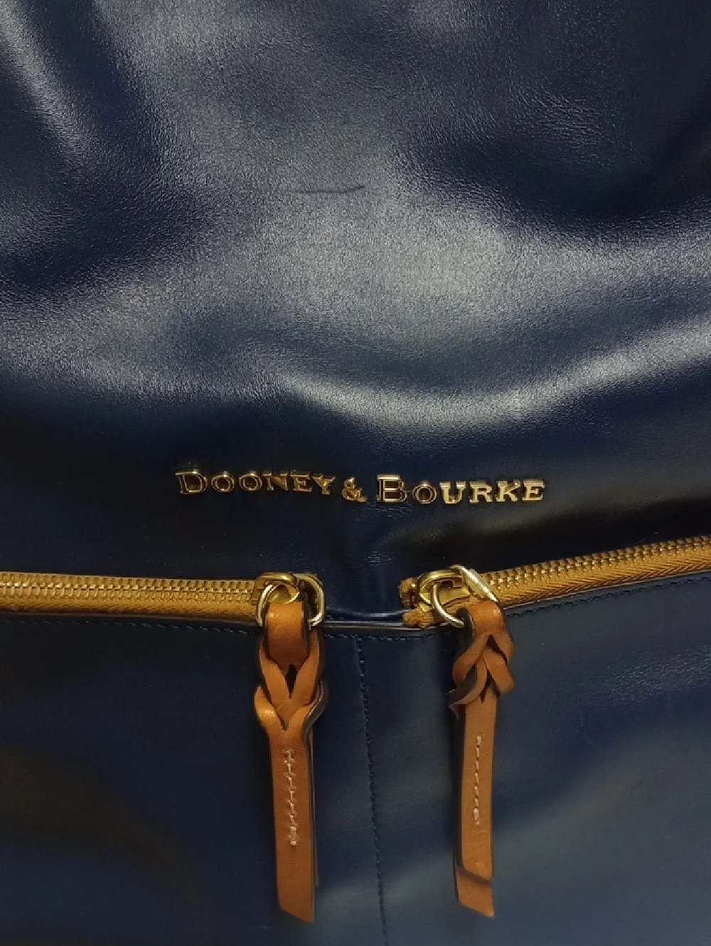 DOONEY & BOURKE NAVY BLUE LARGE LEATHER SHOULDER BAG WITH BROWN LEATHER TRIM